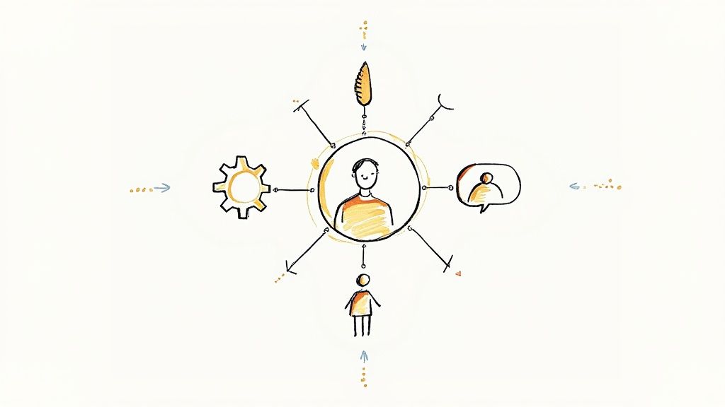 Two gears interlocking, one digital and one with human icons, symbolizing the connection between automation and delegation.