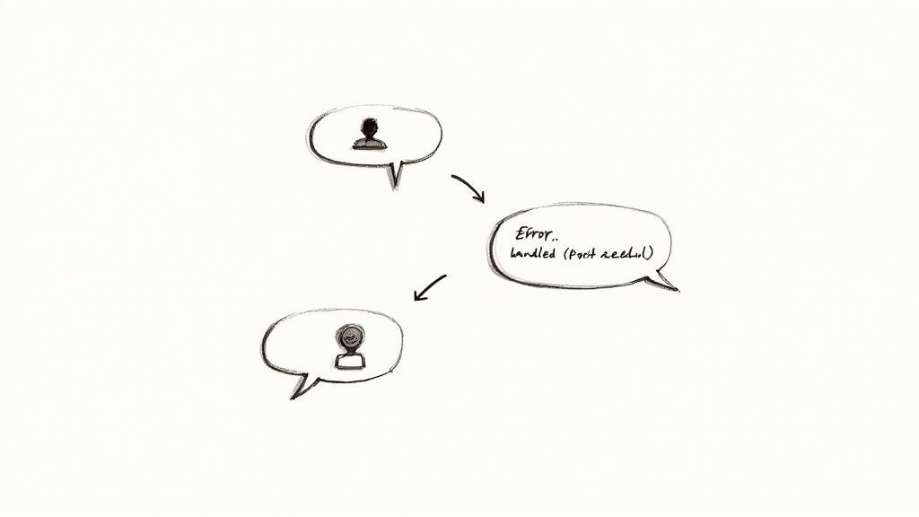 A person sketching a conversational flow on a whiteboard, emphasizing the design process of a chatbot's user experience.