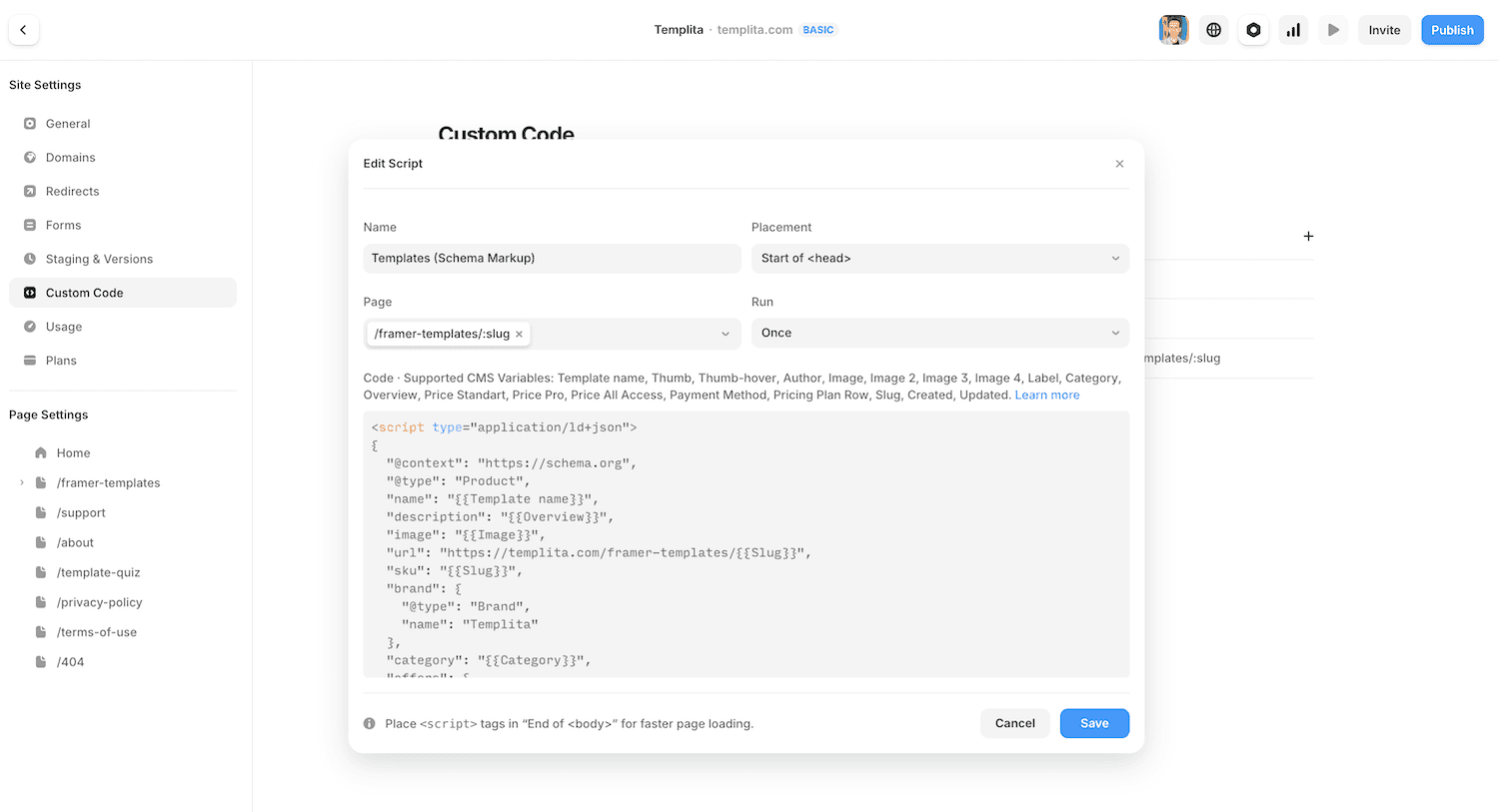 Framer custom code panel with a JSON-LD script tag added to the head section