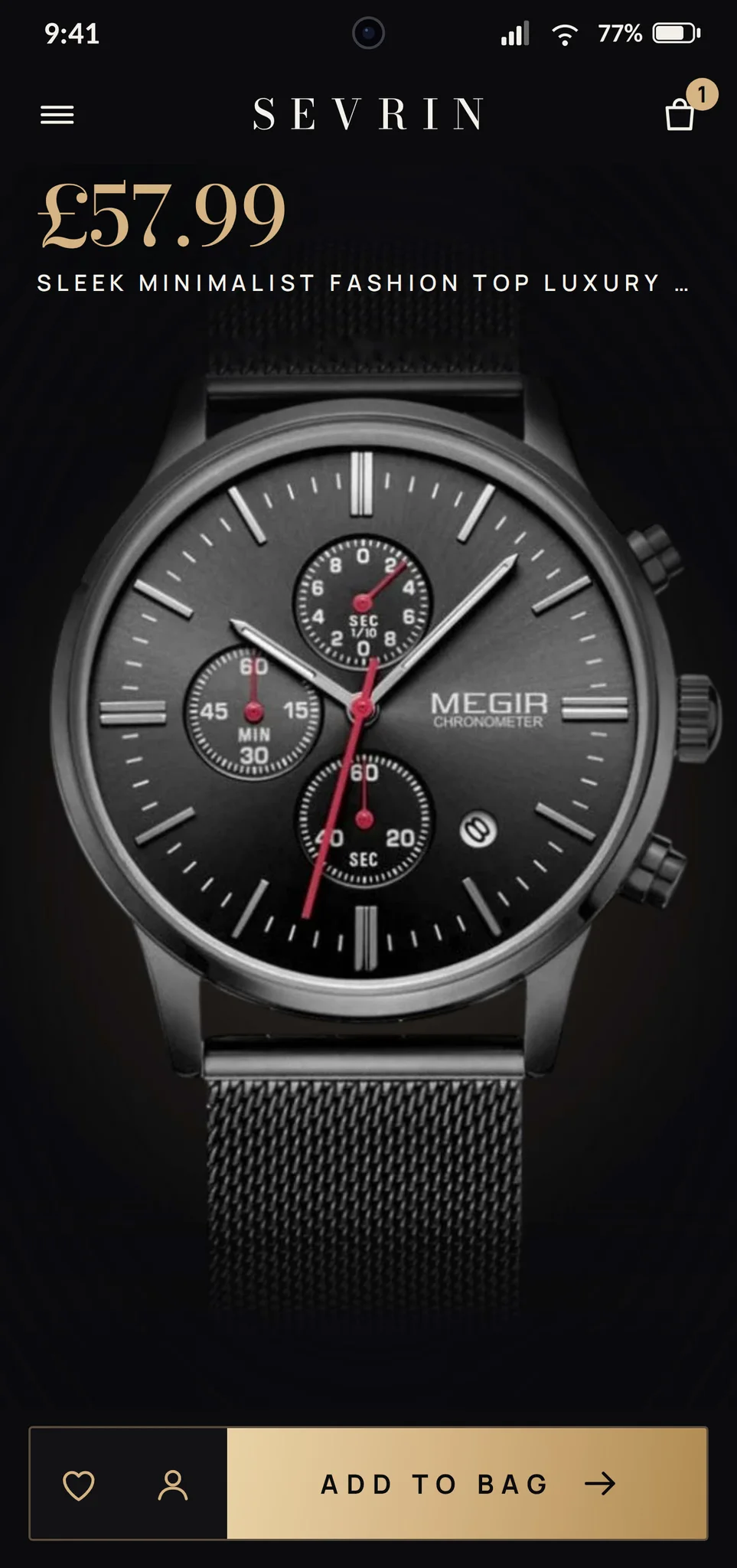 Shopify product page design for Sevrin, an example luxury watch store, shown on a phone