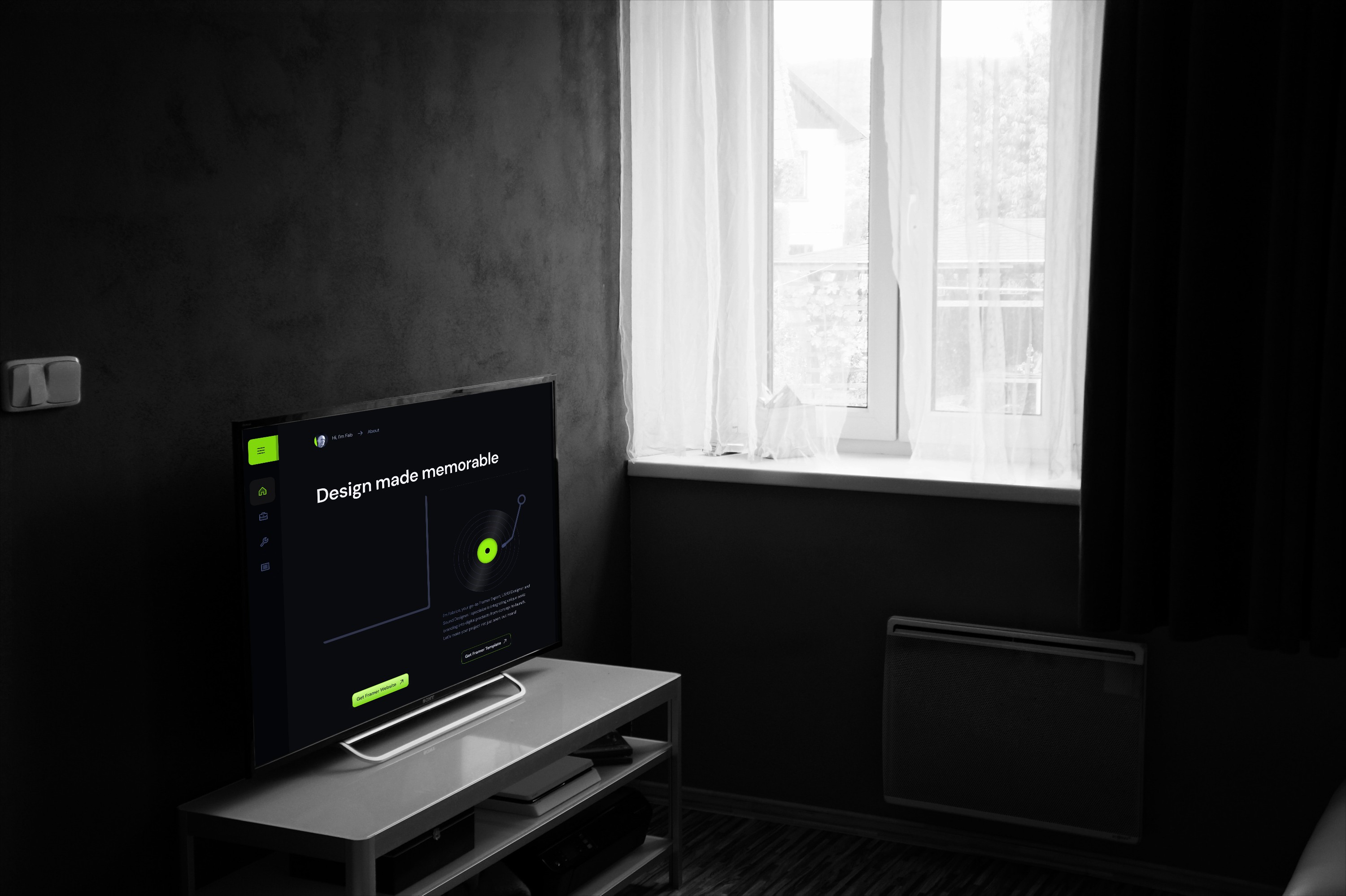 The image shows a dark room with a glowing television displaying the text “Design made memorable” next to a white curtained window with soft daylight streaming in.