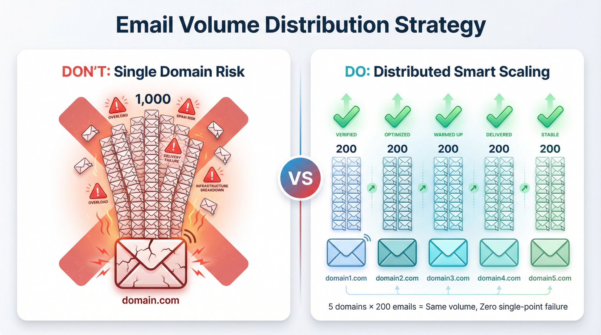 Risk diversification strategy comparing single-domain overload vs distributed multi-domain sending for email warmup