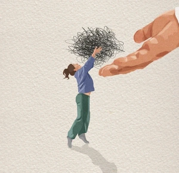 Osoba oddająca swój kłębek problemów na dłoń innej osoby