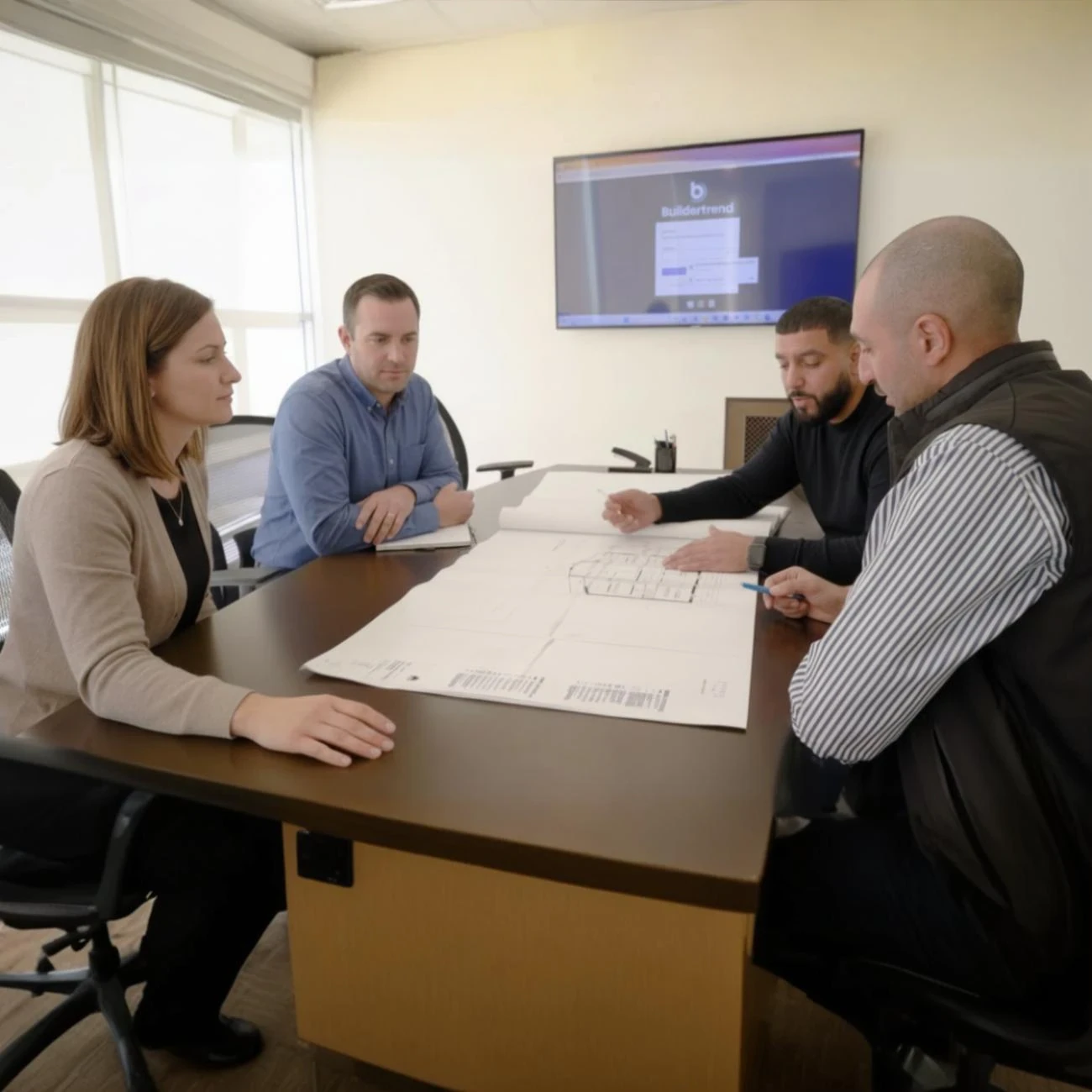 Custom home design meeting with homeowners and project team reviewing plans and construction costs