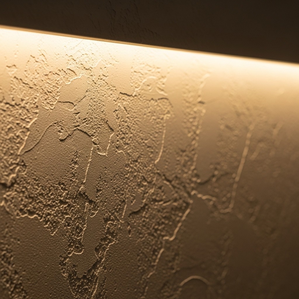 Close-up of warm indirect lighting and textured wall finish in a premium interior.