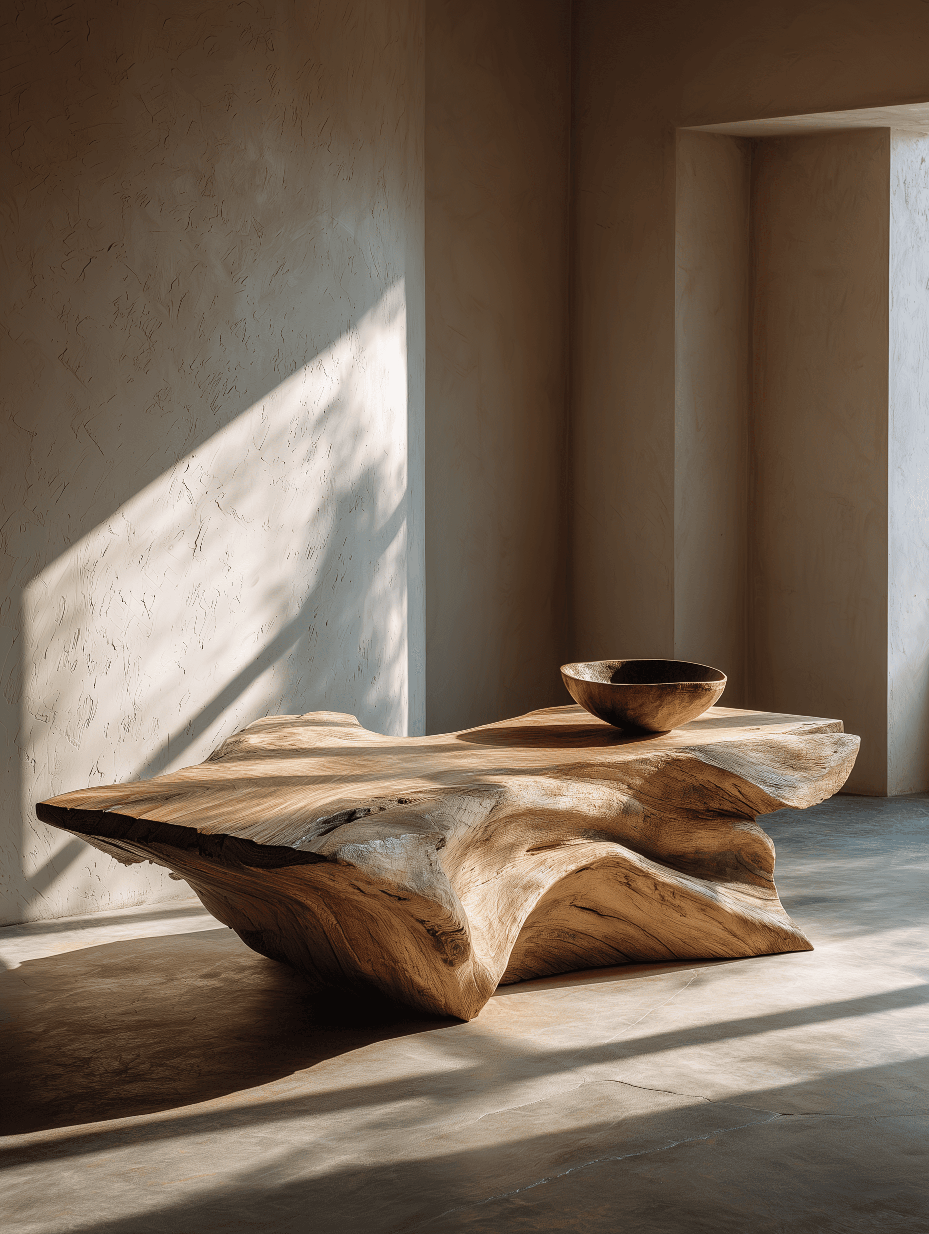A sculptural table carved from a single wooden slab — where modern design meets organic form.