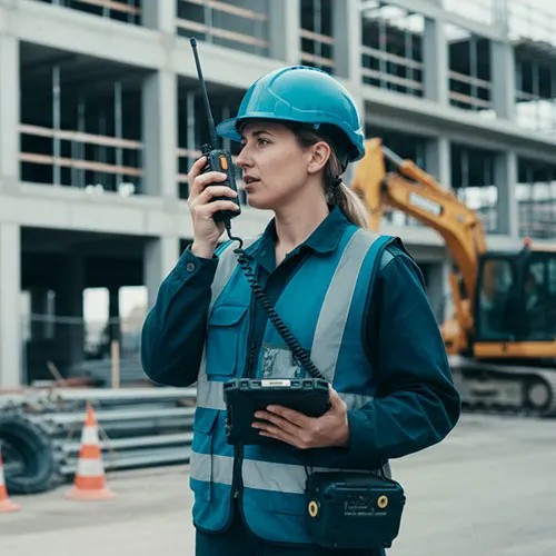Female construction worker using a two-way radio while holding a tablet on an active building site.