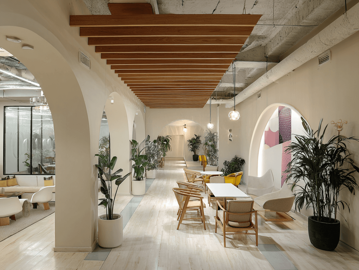 a room filled with lots of tables and chairs