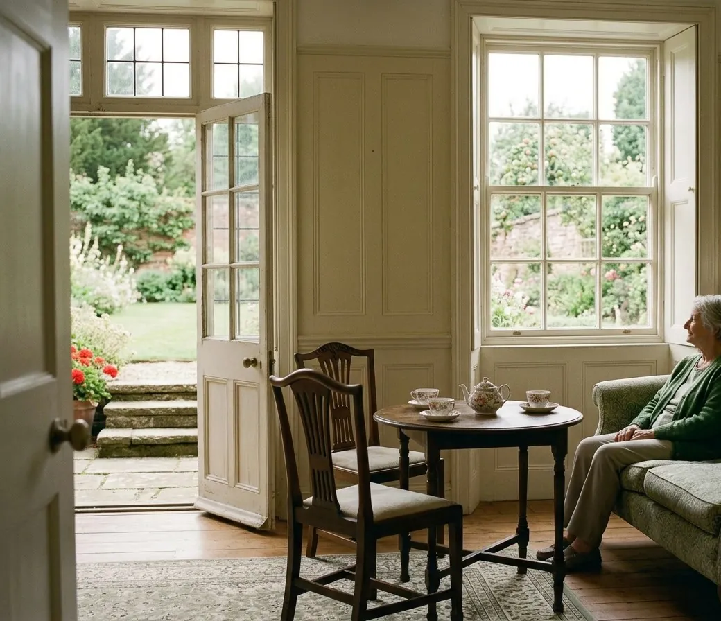 The Orchard Suite sitting room with sofa and small dining table