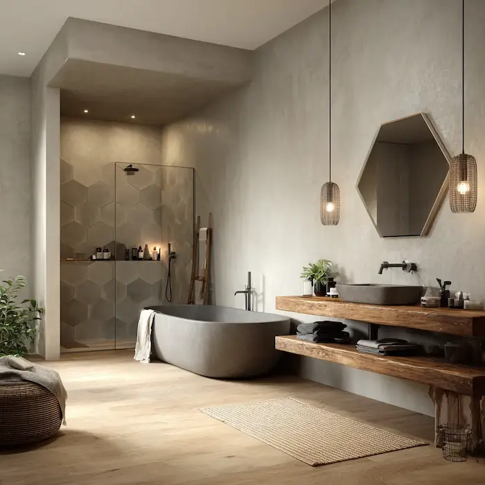 Baño moderno con bañera exenta, ducha de obra y lavabo de madera, reforma integral realizada en Castellón.