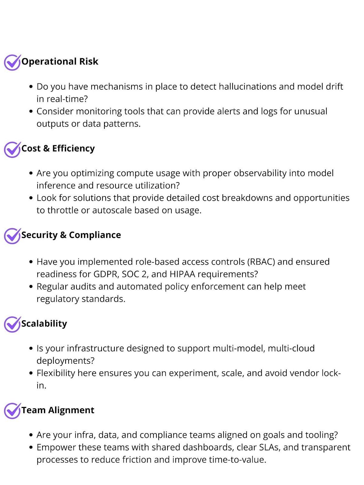 LLM observability checklist highlighting operational risk, cost, compliance, scalability, and team alignment for AI transparency and monitoring. 