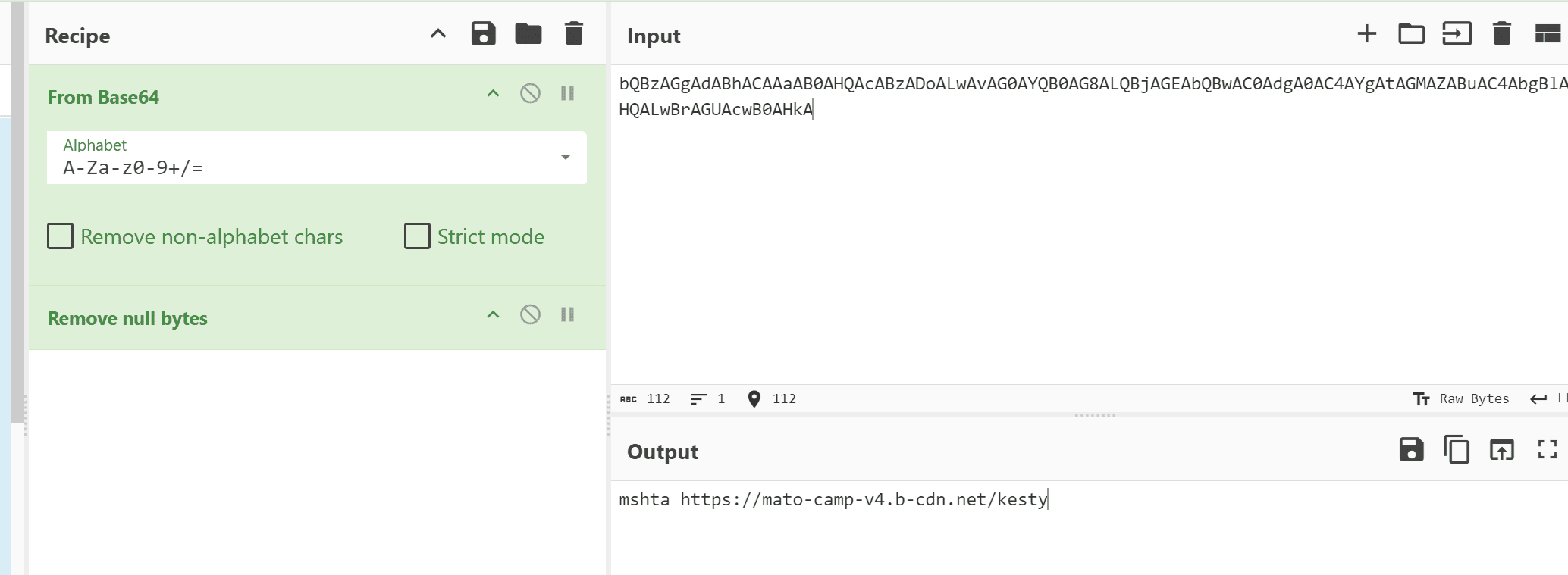 Ein Screenshot einer Datenverarbeitungsanwendung, der eine kodierte Base64-Zeichenfolge im Eingabebereich und die dekodierte URL-Ausgabe zeigt, die 'https://moto-camp-wb-cdn.net/resty' lautet.
