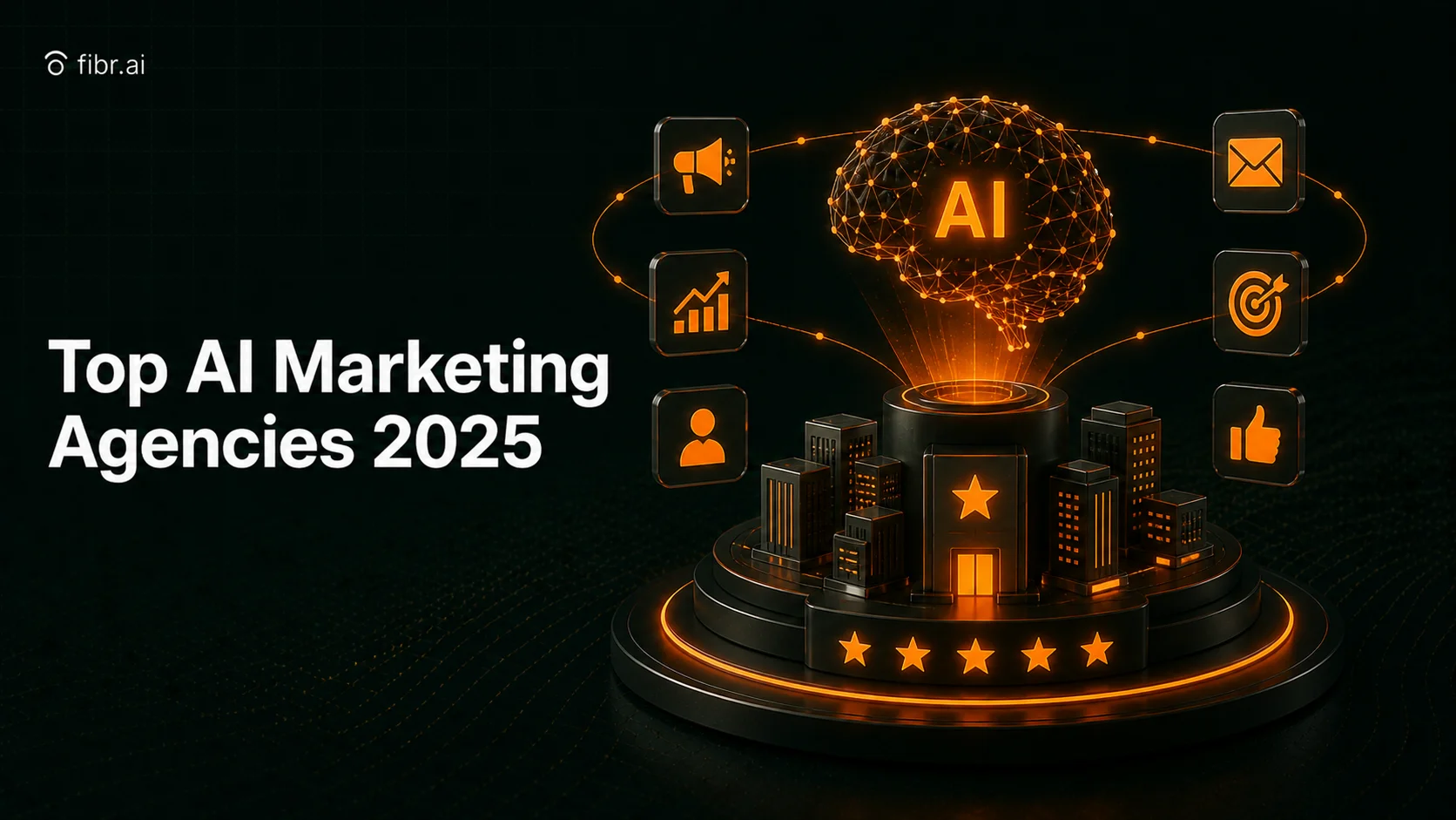 AI marketing agencies visualization showing a central AI system powering multiple marketing functions like targeting, engagement, and optimization, representing top agencies driving growth in 2025.