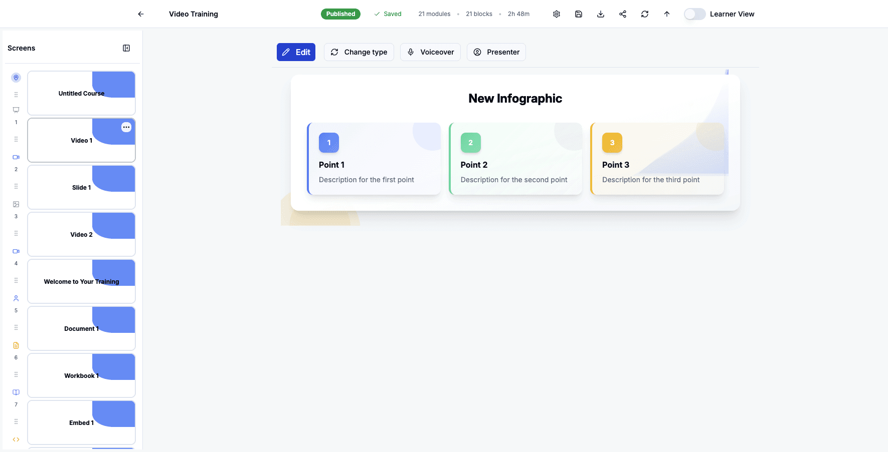 Click the Video 1 screen to edit this video content block.