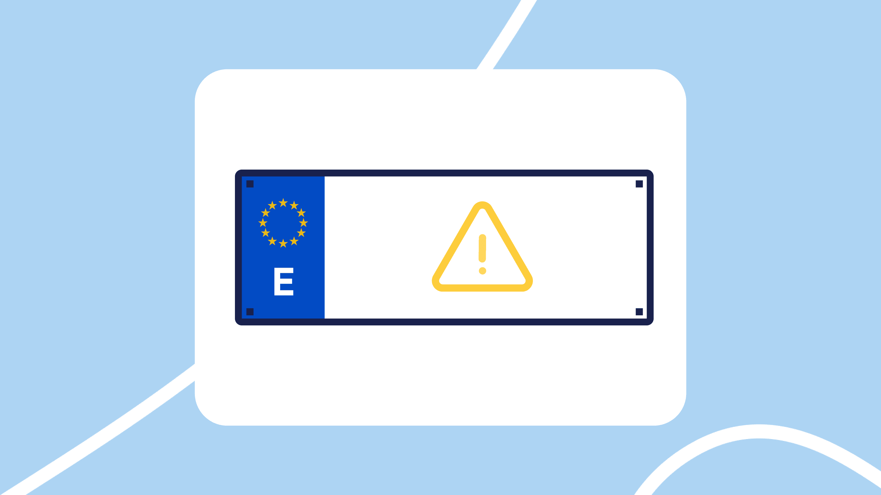 Ilustración de una matrícula europea con la letra “E” (España) y un triángulo de advertencia amarillo con signo de exclamación, simbolizando un error o problema de matriculación.