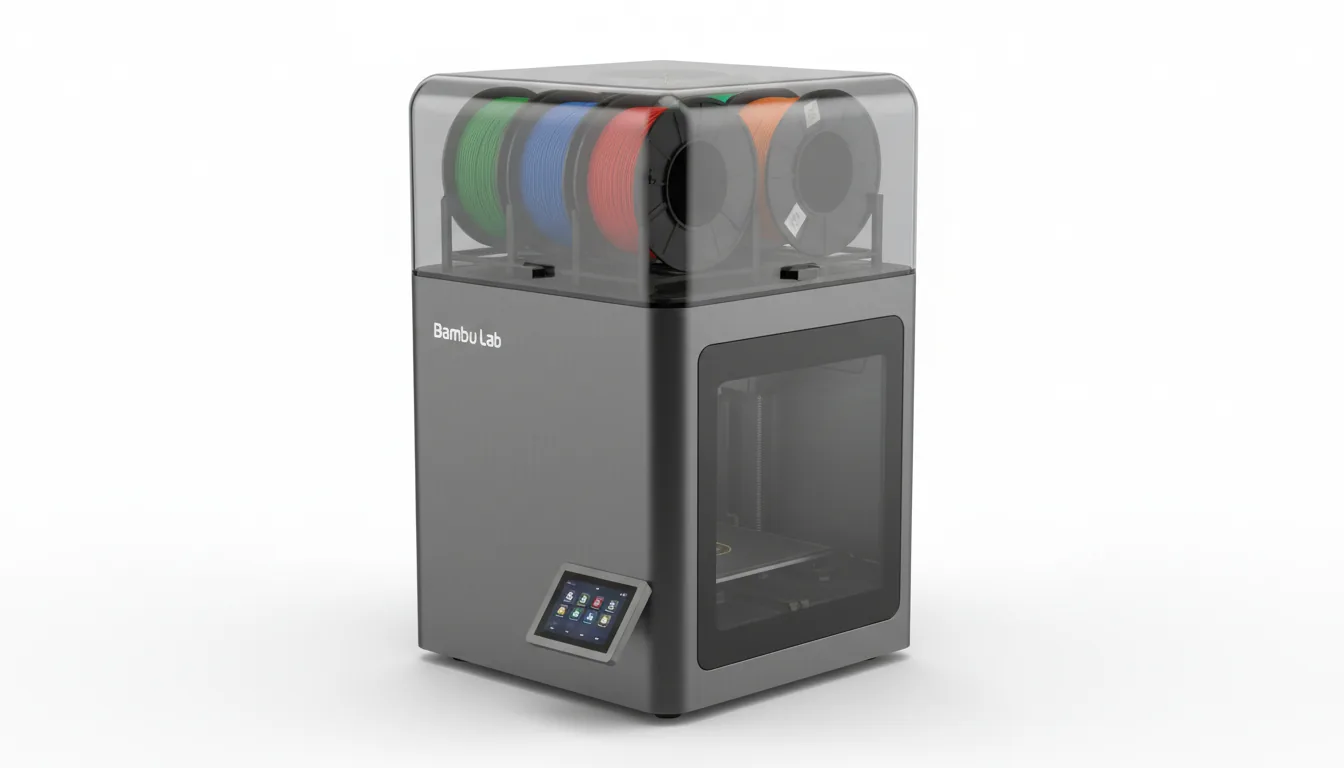 3D product render of a modern Bambu Lab X1-Carbon 3D printer, viewed from a three-quarters perspective and isolated on a seamless white background. The shot features soft studio lighting with subtle shadows. The printer has a sleek, matte brushed aluminum body with a dark smoked glass front door. Stacked on top is a multi-material AMS unit made of dark semi-transparent plastic with a clear curved lid, housing four visible spools of filament in green, blue, red, and orange. A small touchscreen UI is mounted on the front left side.