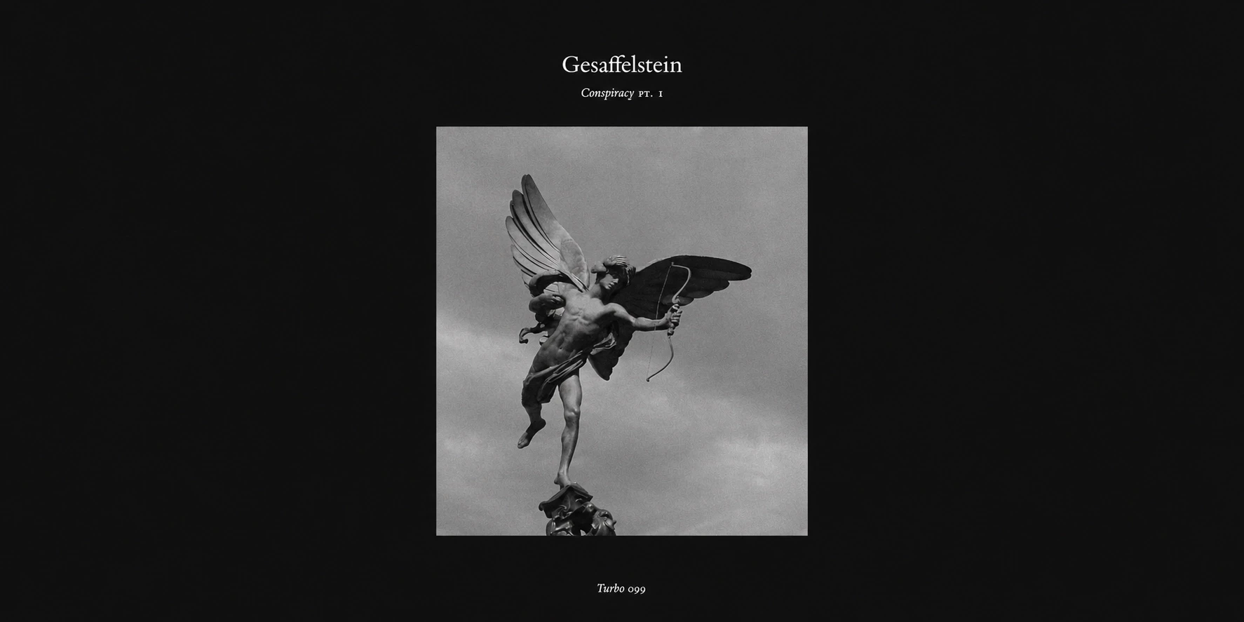 Album cover for Gesaffelstein's Conspiracy Pt. 1, featuring a winged bronze archer statue against a cloudy sky on a black background