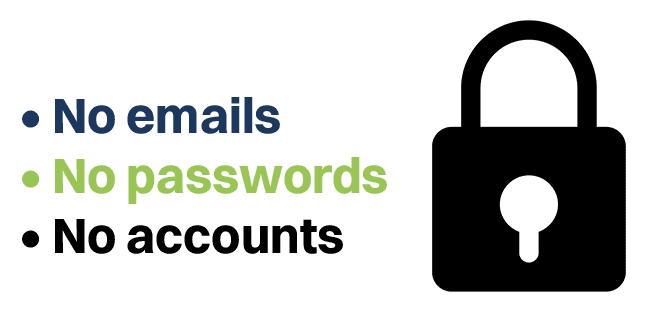 A giant lock to indicate no email, passwords or account required.