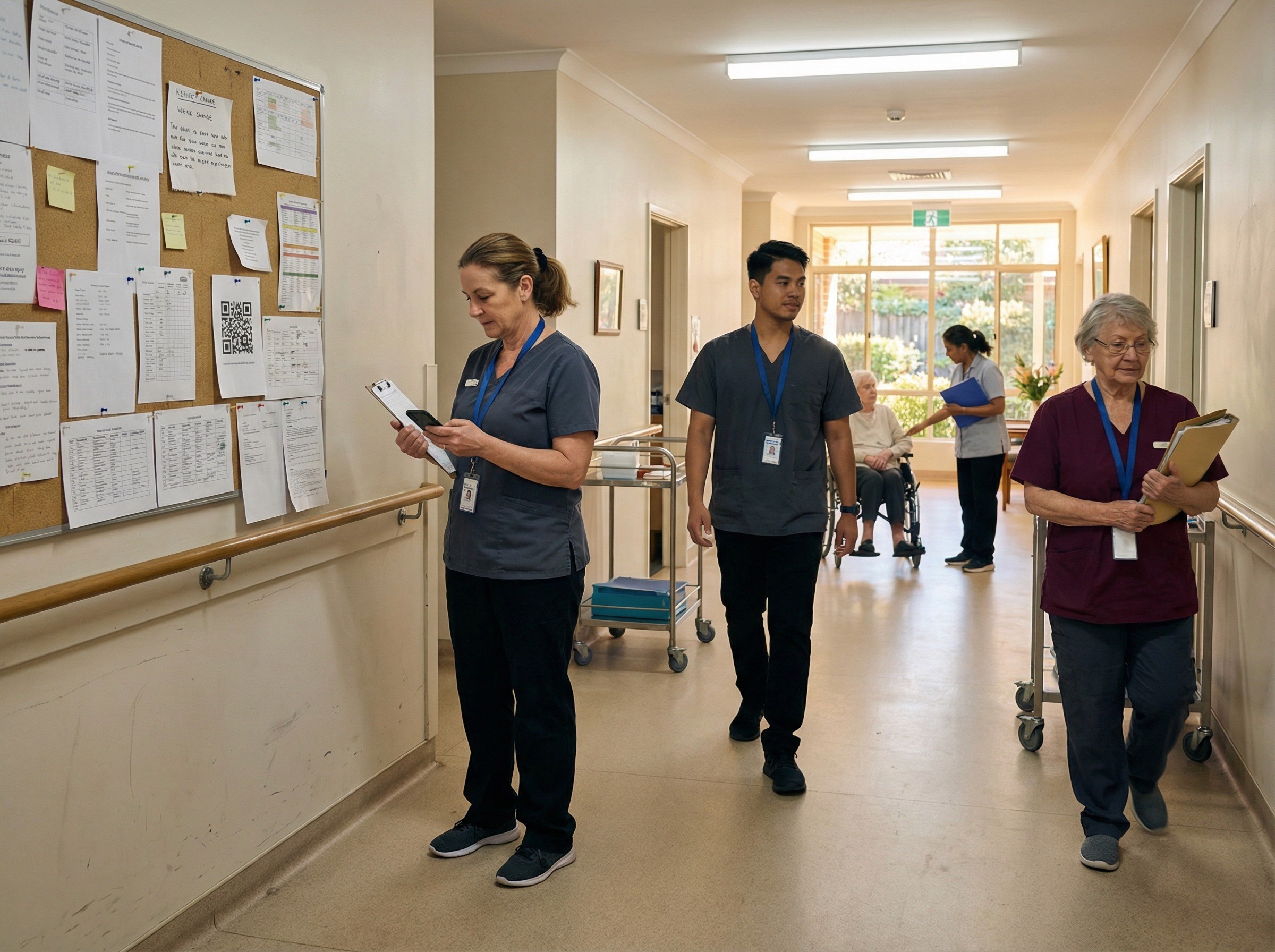 A hospital hallway with staff standing by a noticeboard, a qr code prominently displayed for their ease of access