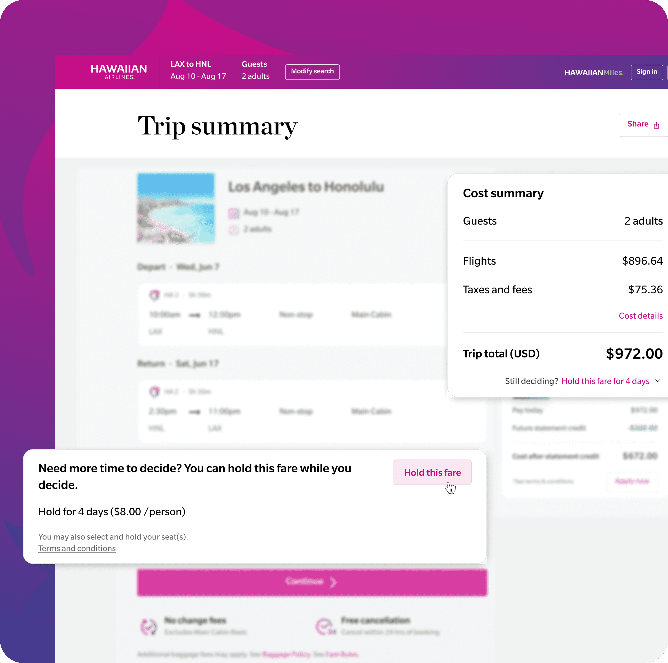 Hawaiian Airlines Fare Hold Feature