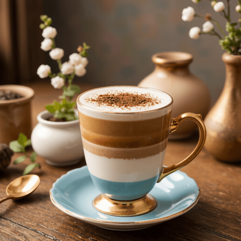 product photography of a cup of layered coffee with froth and cocoa powder on top