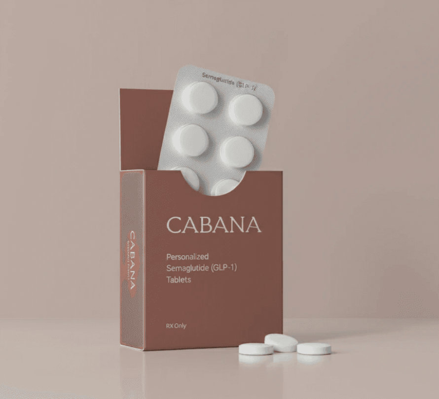 Cabana personalized semaglutide GLP-1 tablets in terracotta box with blister pack on neutral background