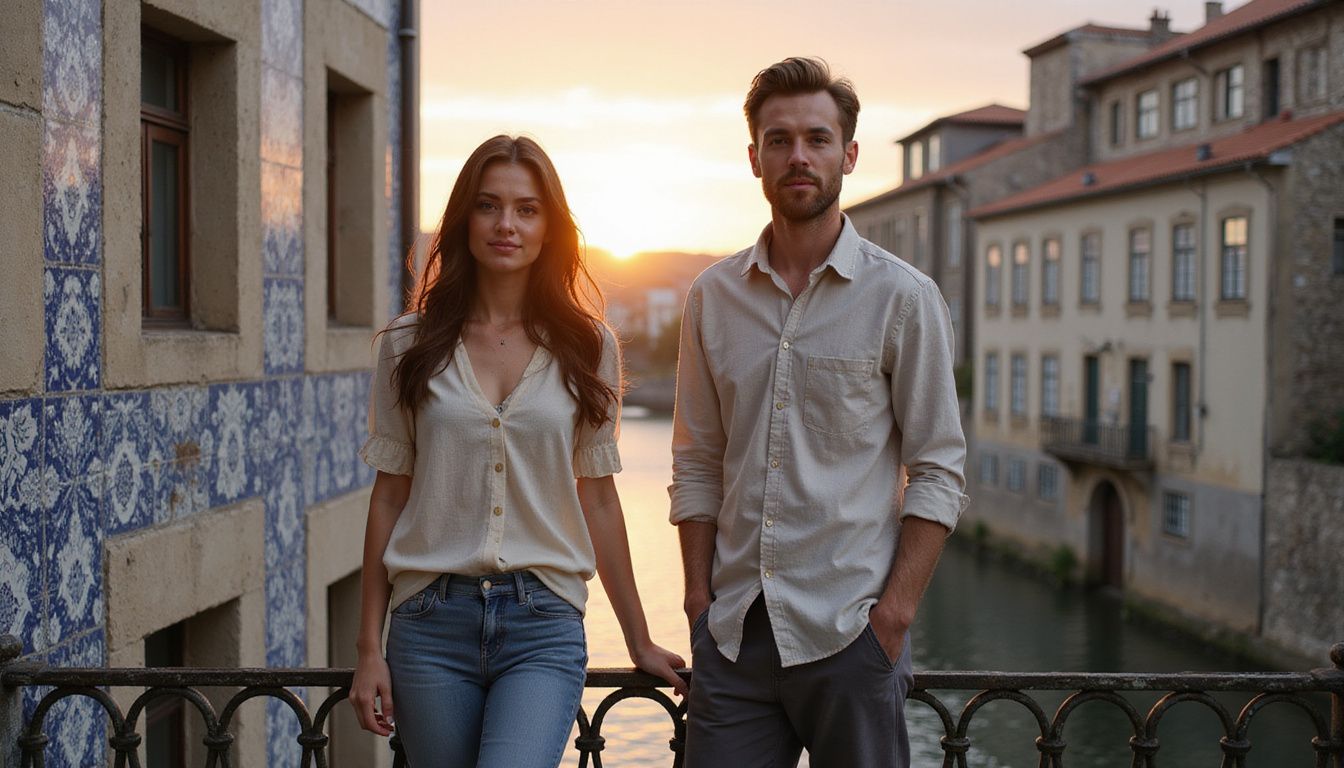 A woman and man relax on a balcony overlooking the Douro River amid historic buildings and vibrant tiles.