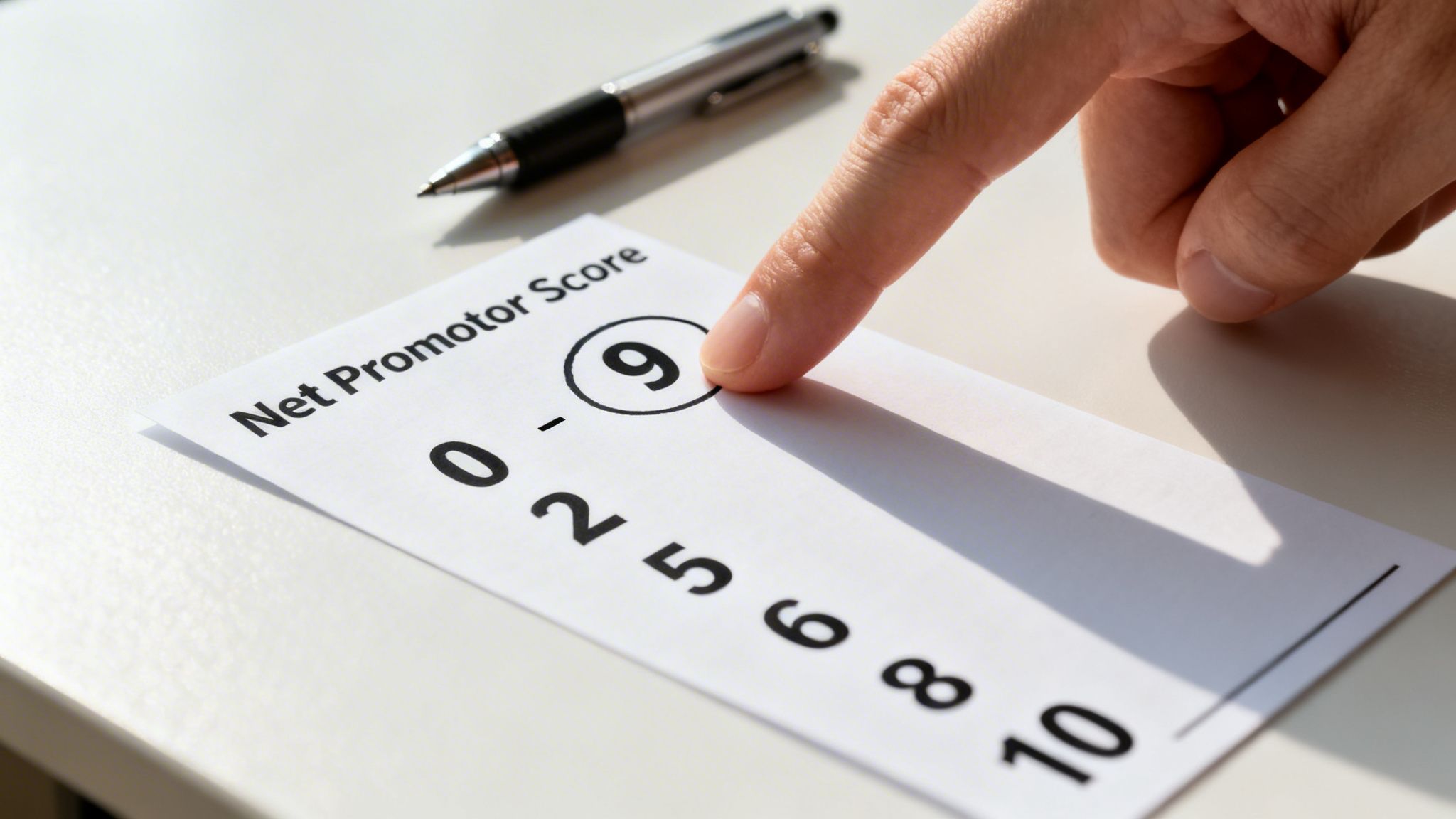 A person's hand points to the number 9, circled on a Net Promoter Score survey paper.