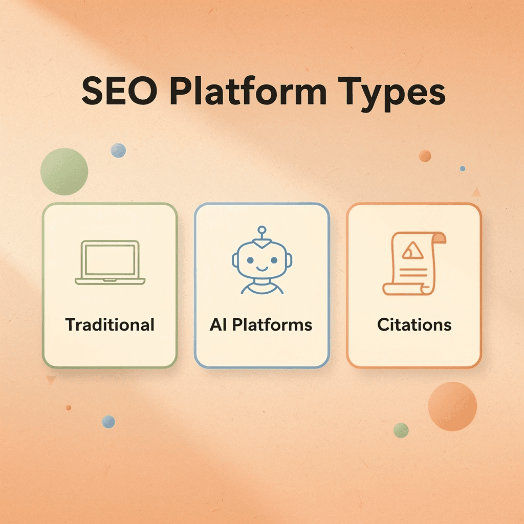 Three cards showing different SEO platform types: Traditional, AI Platforms, and Citations