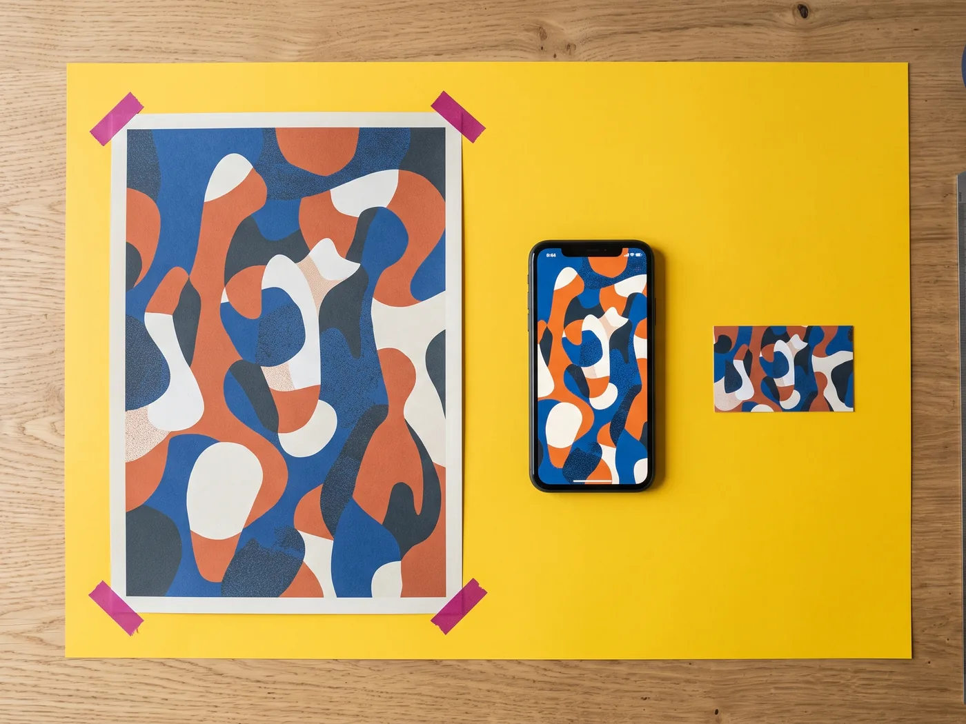 A phone mockup on a yellow desk