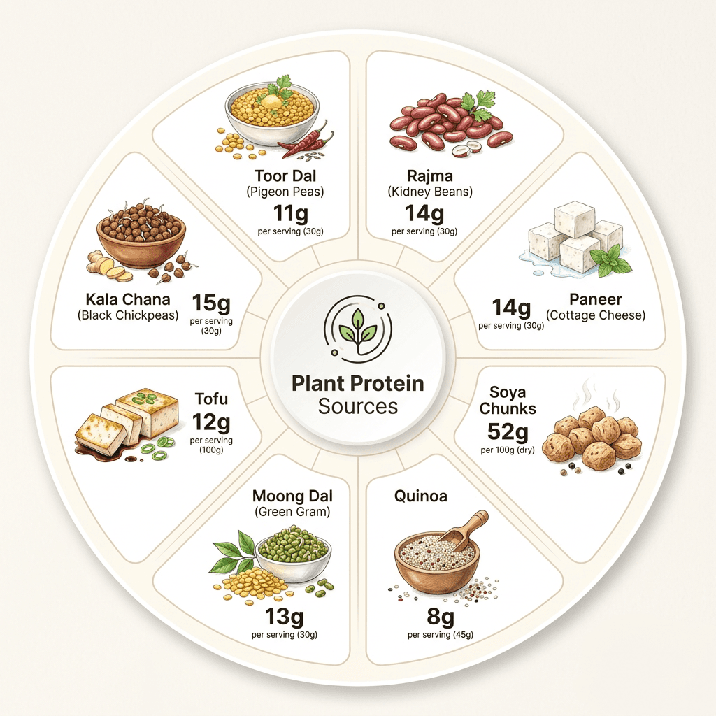 Circular infographic of eight plant based protein sources for Indian cooking