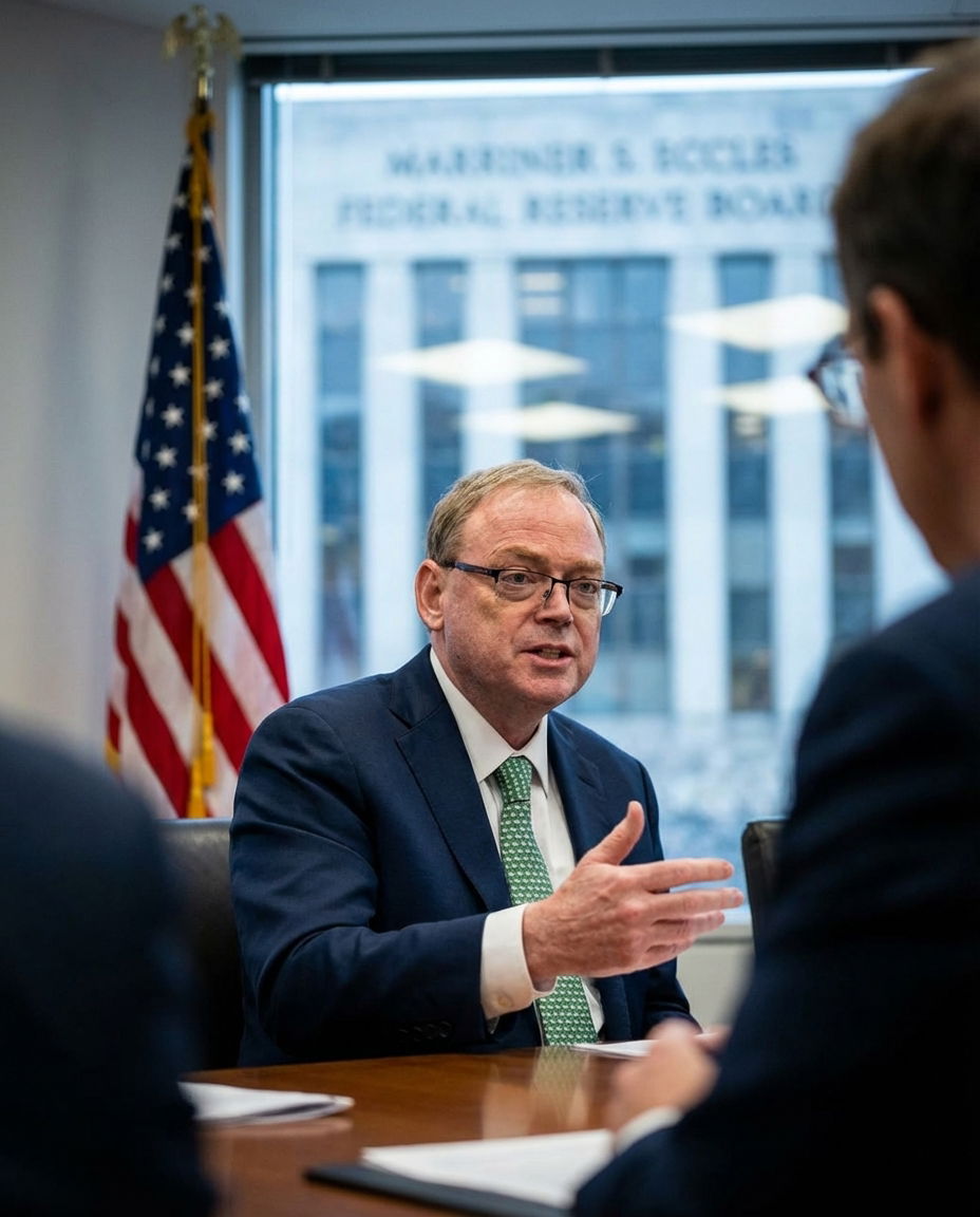 Kevin Hassett in a policy discussion with the Federal Reserve building in the background.