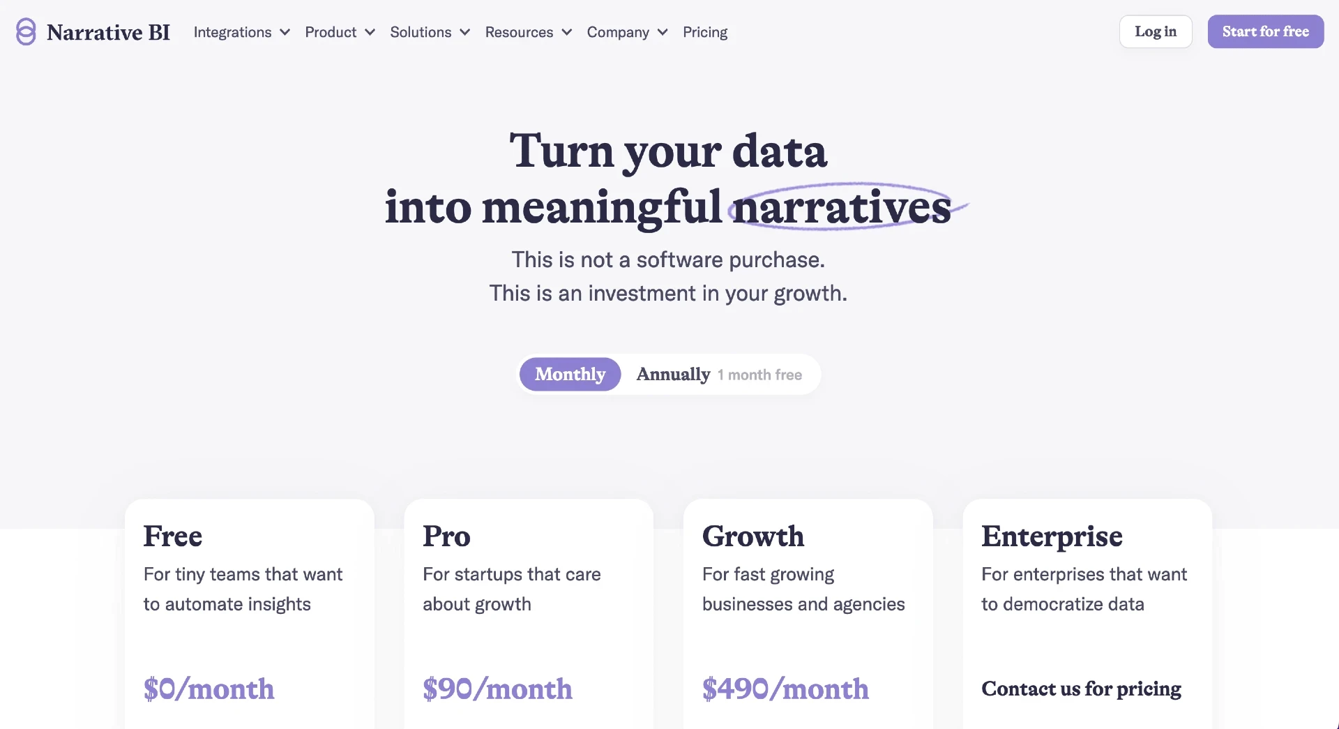 NarrativeBI’s pricing page