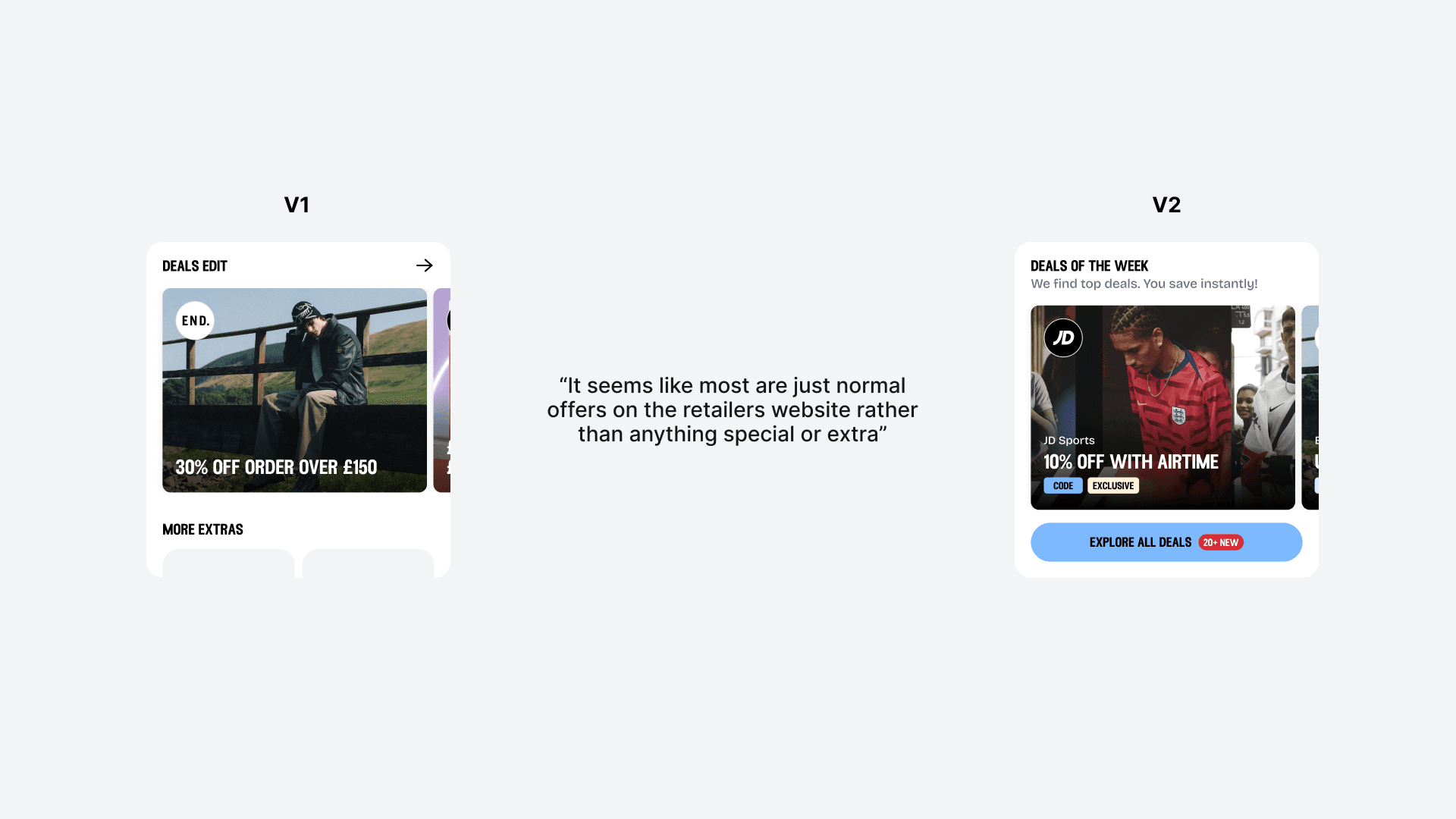 Side-by-side UI comparison of two “Deals of the Week” designs with a user quote in the centre.