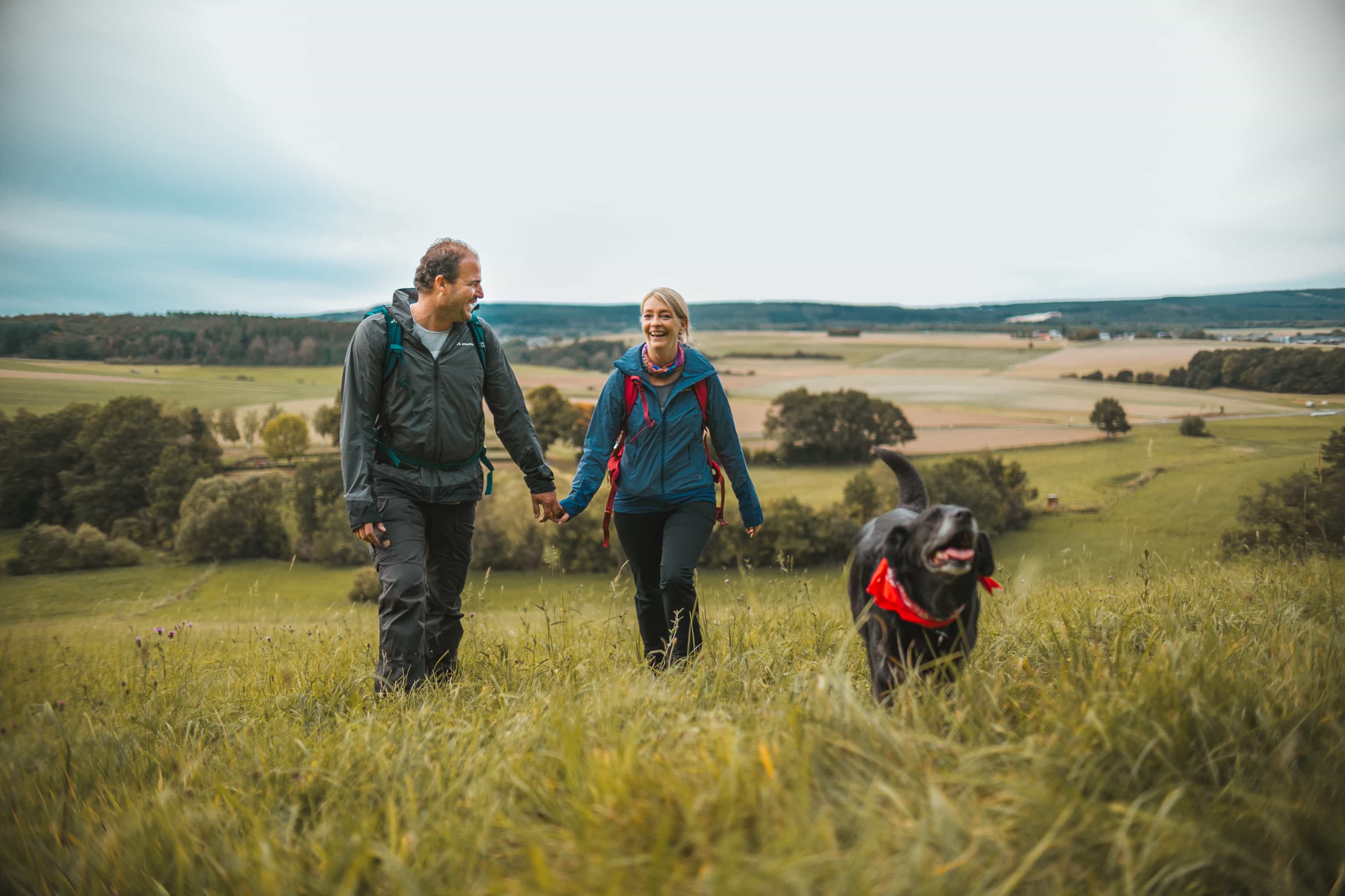 Couple wanders with a dog across fields
