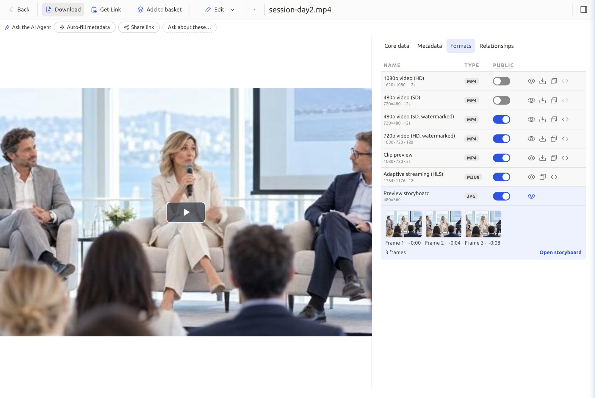 FileSpin video asset with HD and SD renditions, watermarked versions, a clip preview, an adaptive HLS stream and a three-frame storyboard