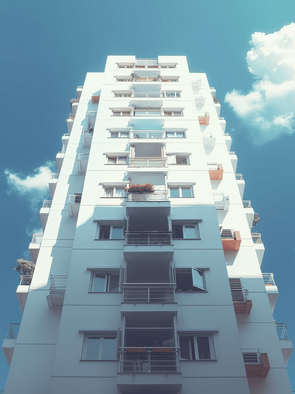 Modern residential tower viewed from below against a bright blue sky