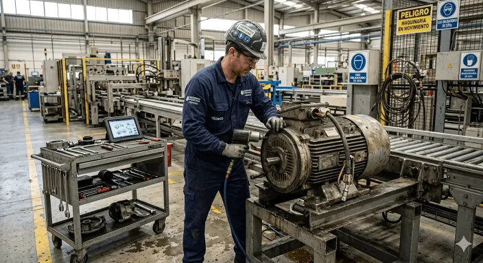 Perito ingeniero de seguros evaluando la rotura mecánica interna de una máquina industrial.