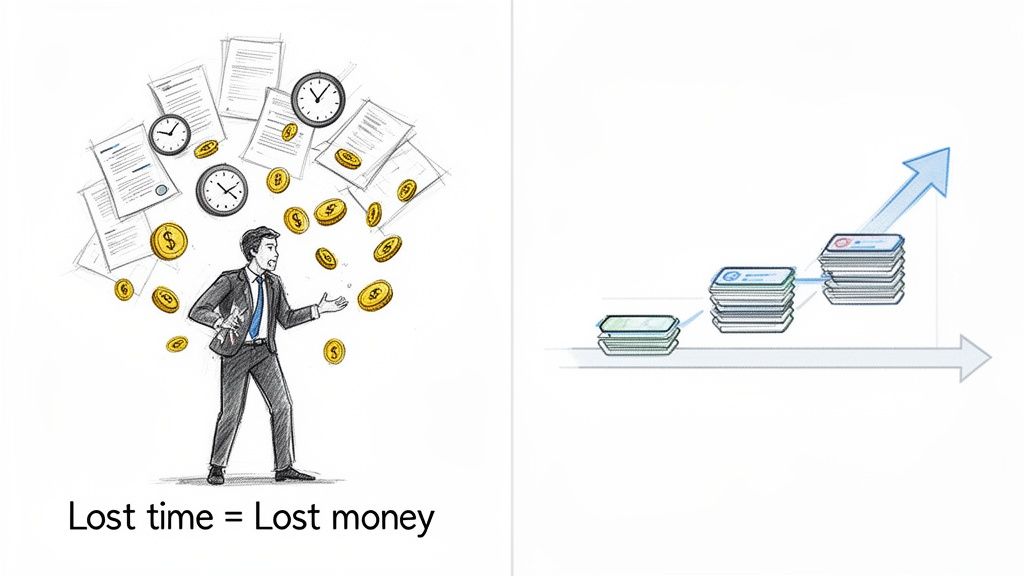 Illustration of a businessman losing time and money, contrasted with efficient growth of documents.