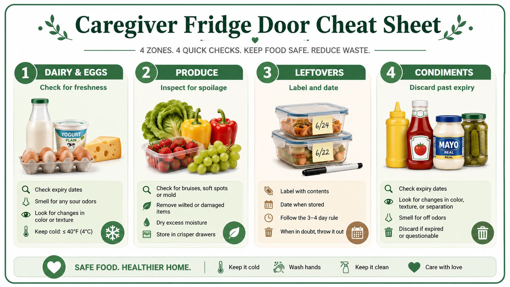 A caregiver infographic displaying four food safety zones for organizing a refrigerator to prevent food spoilage.