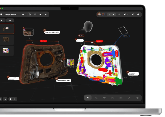 A 3D model and a scan of the same physical object are shown side-by-side on a laptop screen, with virtual users shown collaborating in real-time as they review the model together