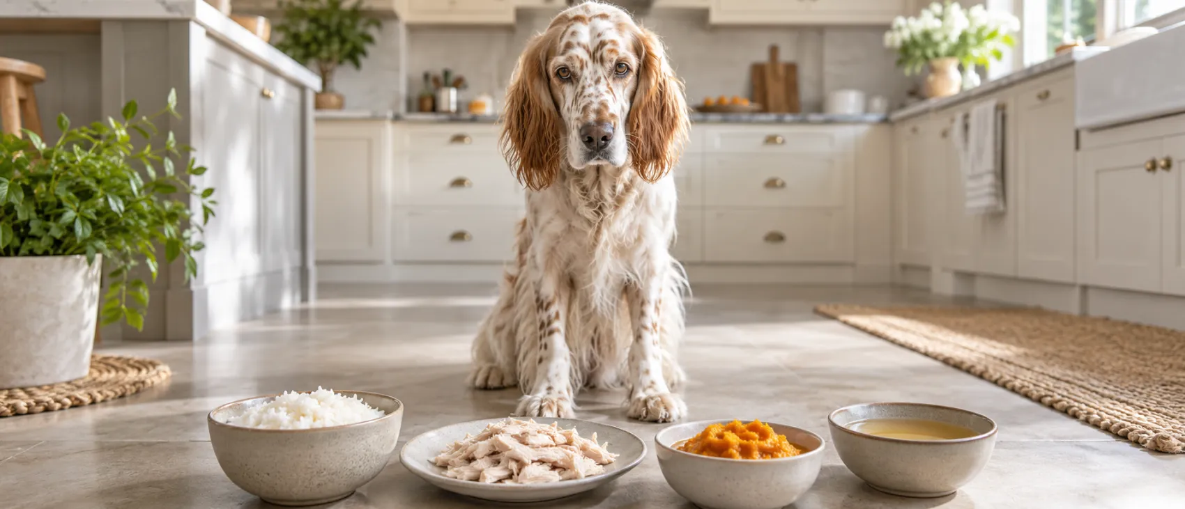 A dog sitting in a kitchen beside bowls of rice, chicken, pumpkin, and broth.