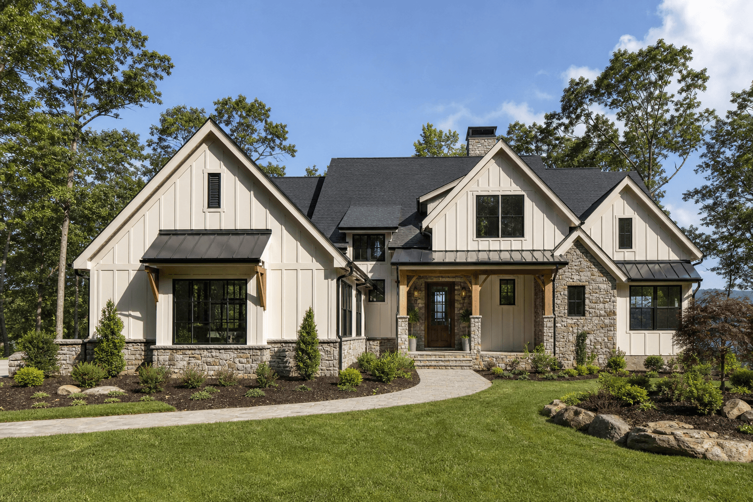 Beautiful custom home exterior with board-and-batten siding and stone accents in North Carolina