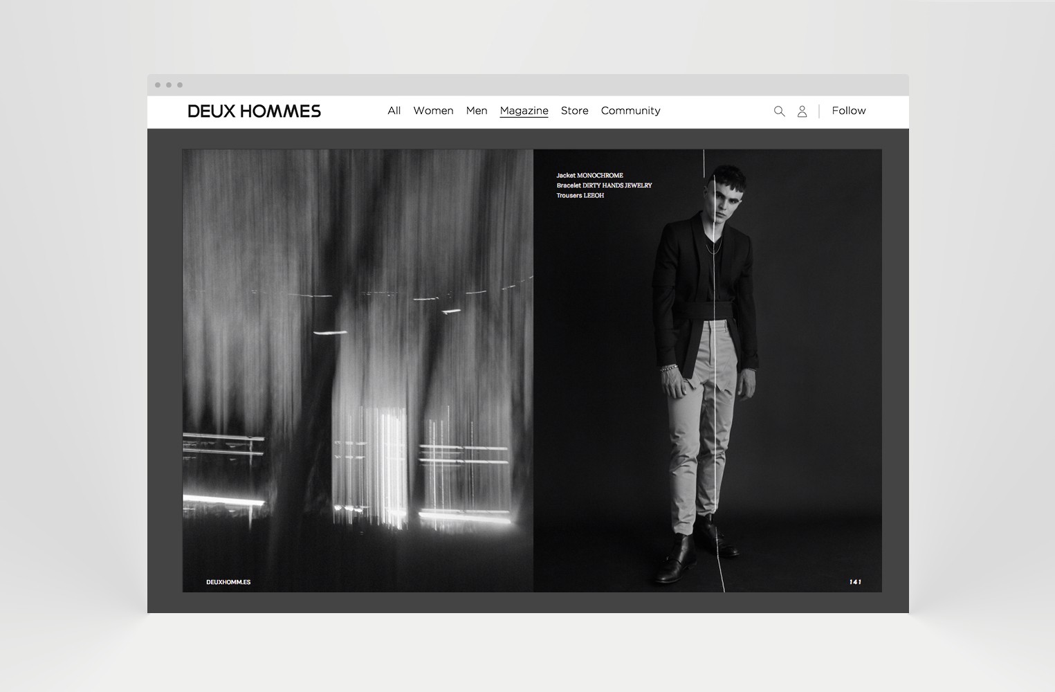 Monochrome fashion magazine layout featuring contemporary menswear styling and artistic photography.