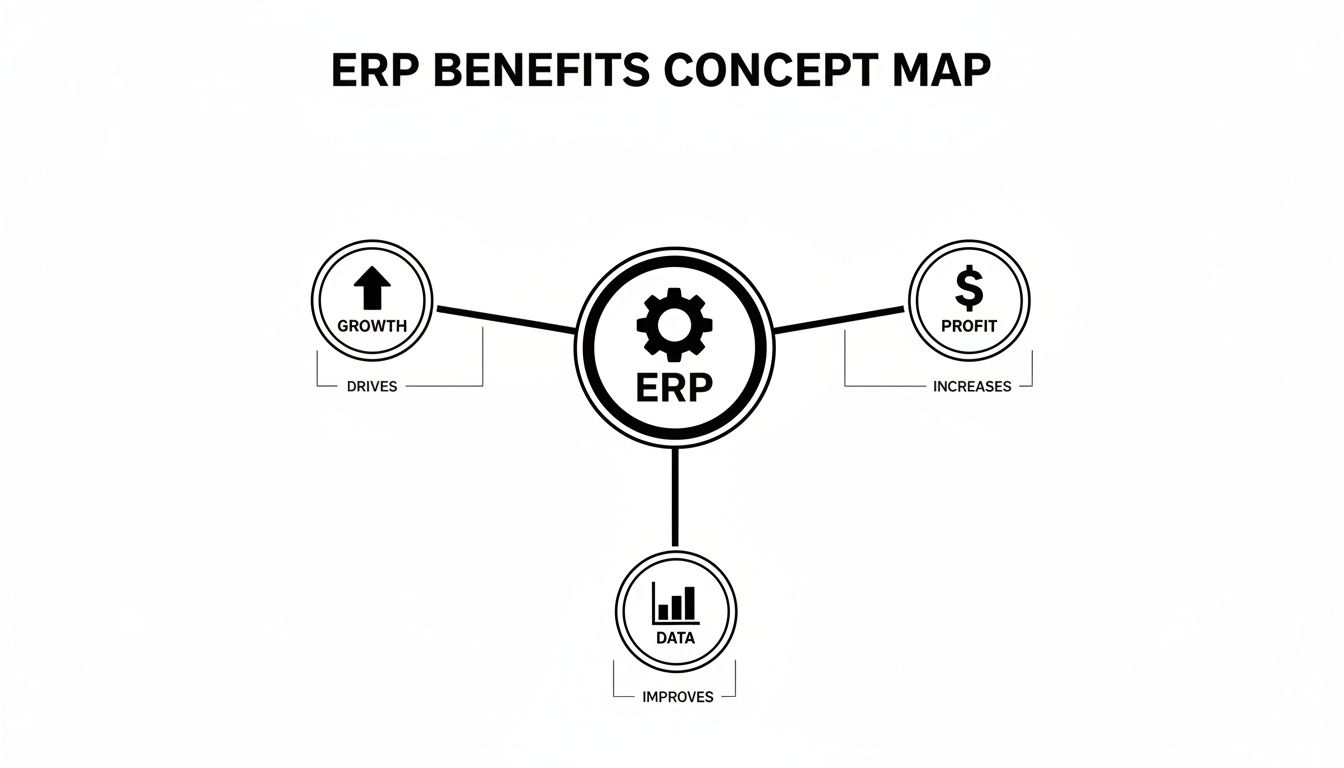 Concept map illustrating ERP benefits, showing it drives growth, increases profit, and improves data.