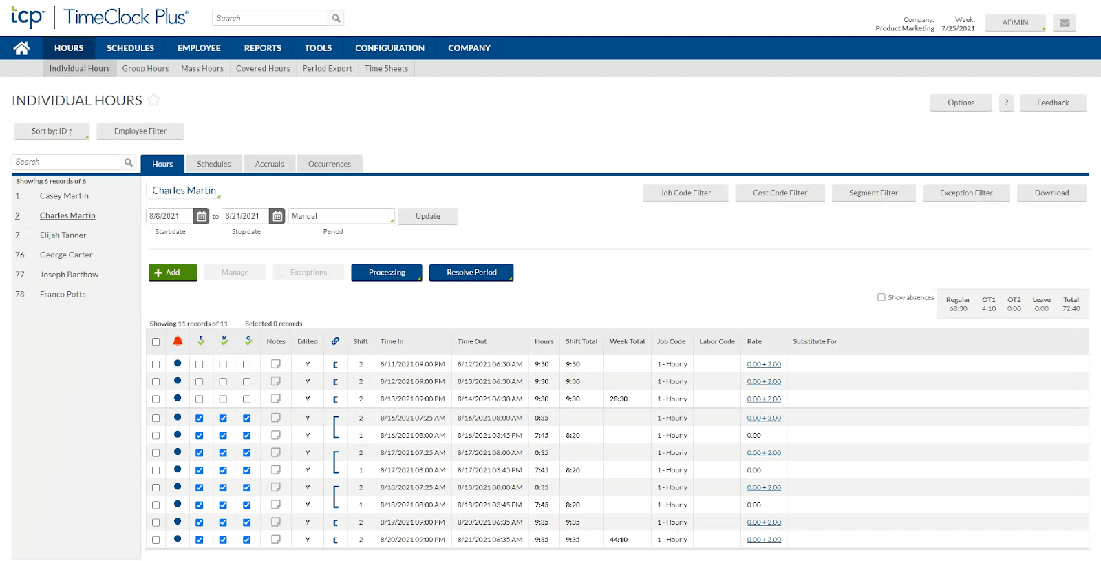 View working hours for each employee and more in TimeClock Plus.