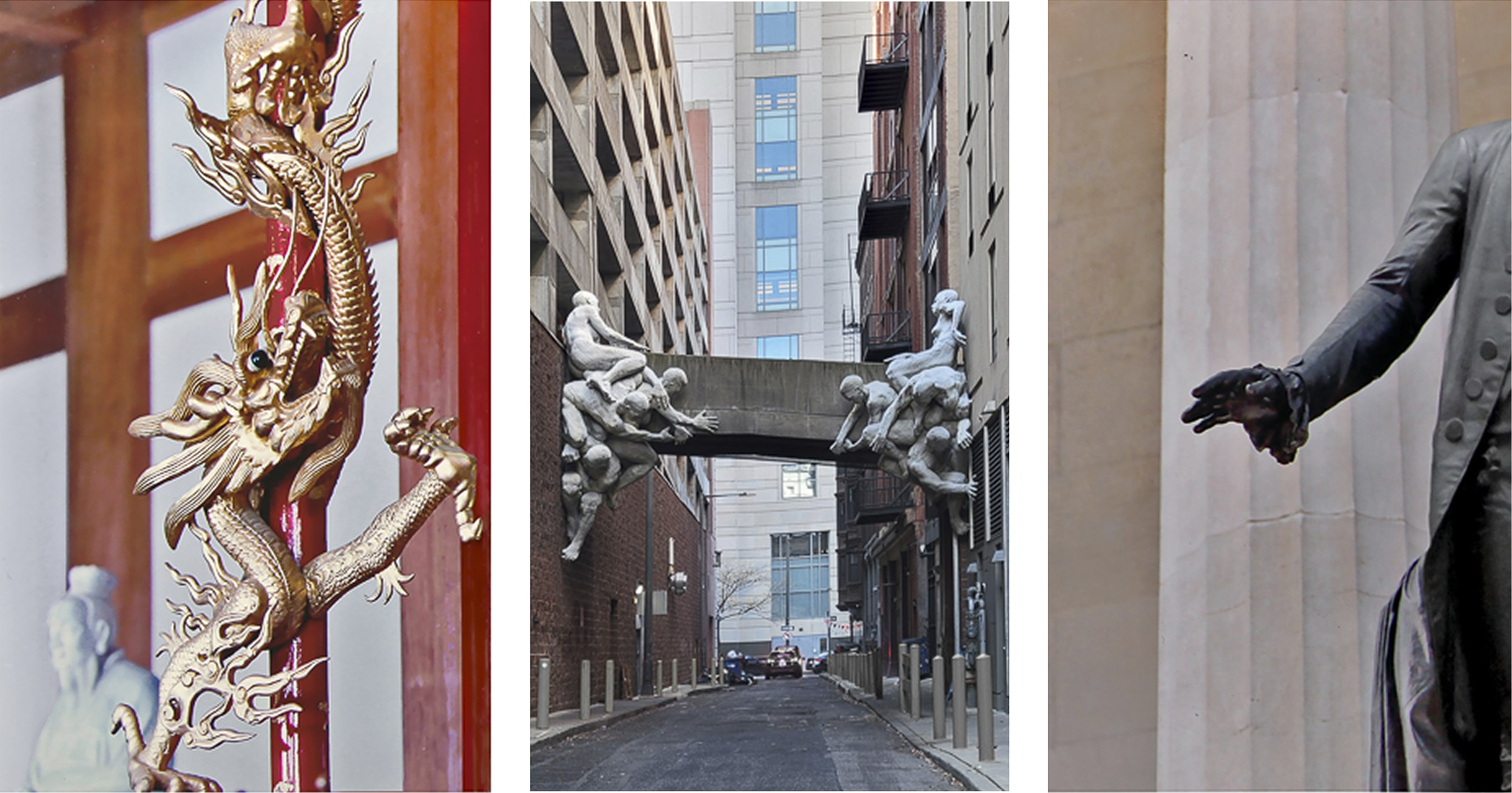 Triptych of sculptural forms: the left image shows a golden dragon carved in intricate detail; the center depicts a city alley with a skybridge adorned by human figures reaching across it; the right focuses on a bronze statue’s outstretched hand against stone columns. Together, they explore gesture, material, and cultural expression in public art.