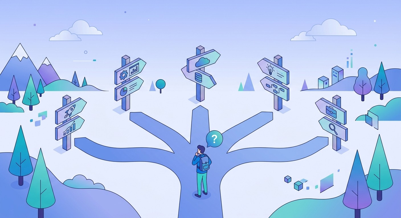 Illustration of a developer choosing between AI coding tools