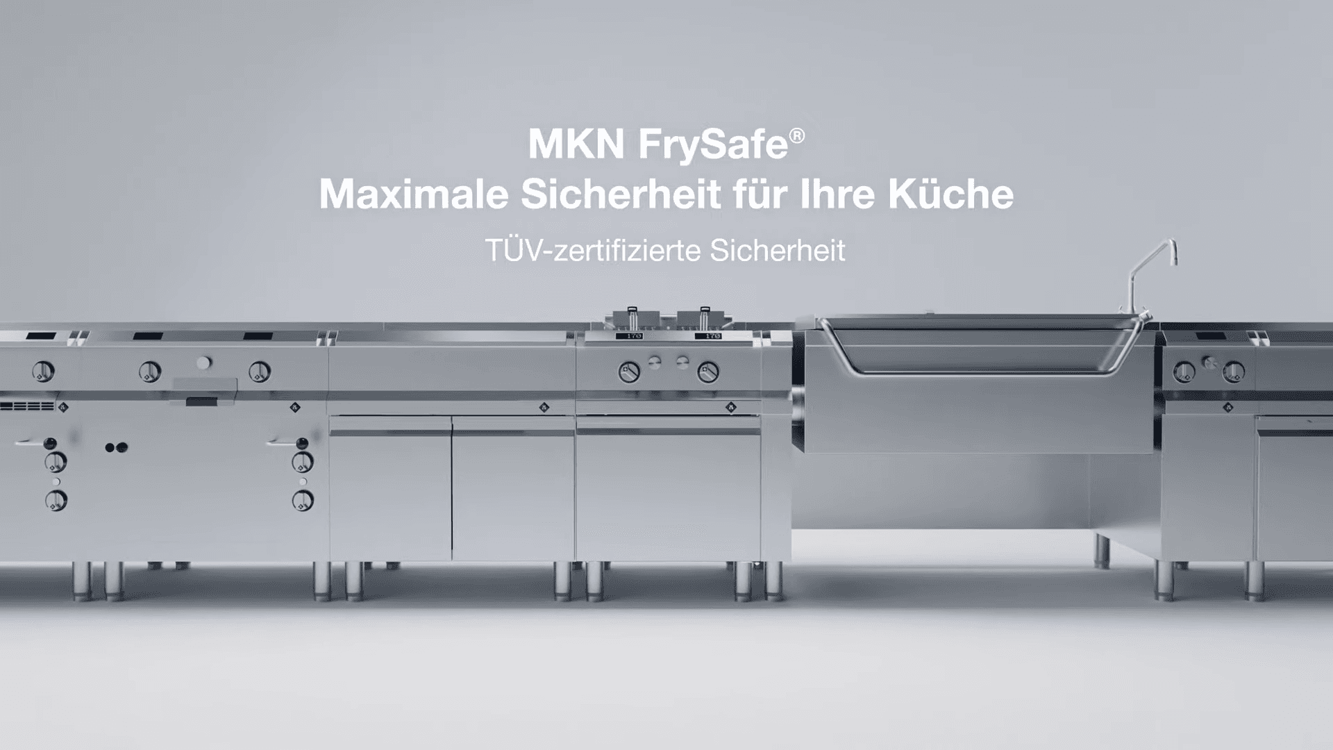 MKN FrySafe Slogan und Küchenzeile mit verschiedenen Küchengeräten im Animationsvideo von Oxygen Pictures Videoproduktion