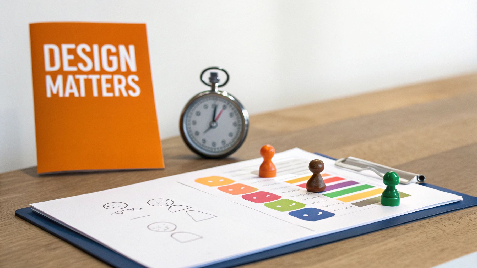 A desk setup with a 'DESIGN MATTERS' brochure, a stopwatch, and a document with game pawns.